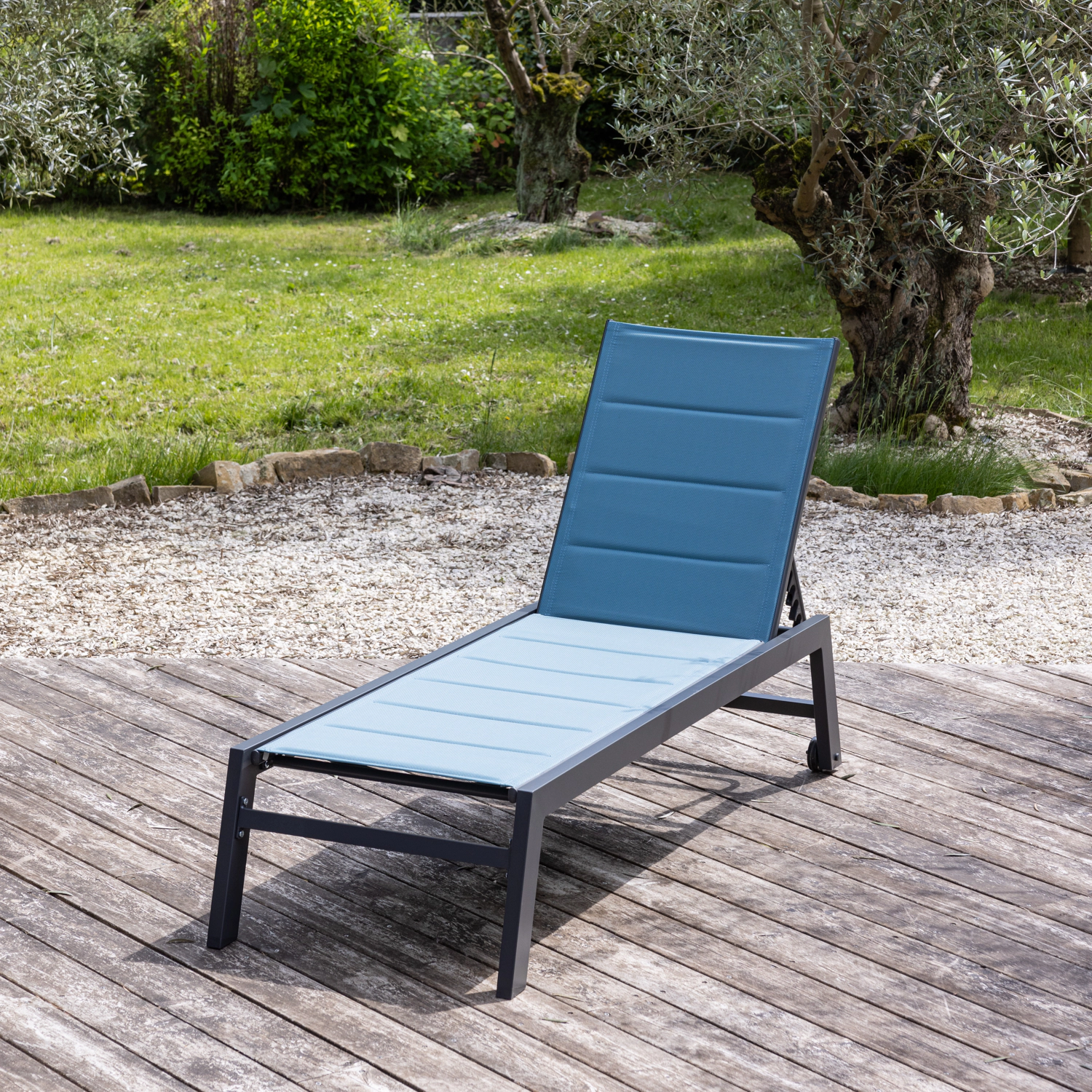 BARBADOS ligstoel in grijs-blauw textilene - antraciet aluminium